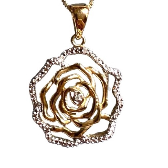 Jewelry - 14K Gold Over Sterling Silver Flower Pendant With Diamond Accents